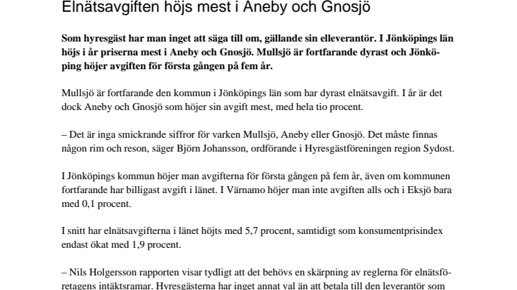 Elnätsavgiften höjs mest i Aneby och Gnosjö