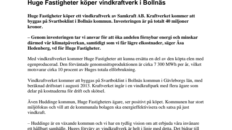 Huge Fastigheter köper vindkraftverk i Bollnäs