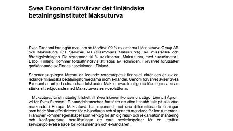 Svea Ekonomi förvärvar det finländska betalningsinstitutet Maksuturva