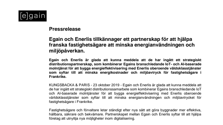 Egain och Enerlis tillkännager ett partnerskap för att hjälpa franska fastighetsägare att minska energianvändningen och miljöpåverkan.