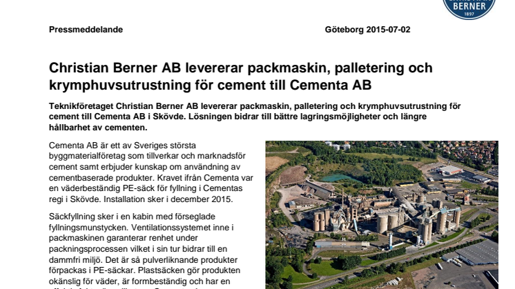 Christian Berner AB levererar packmaskin, palletering och krymphuvsutrustning för cement till Cementa AB