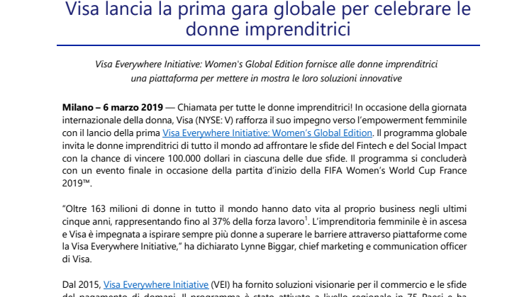 Visa lancia la prima gara globale per celebrare le donne imprenditrici 