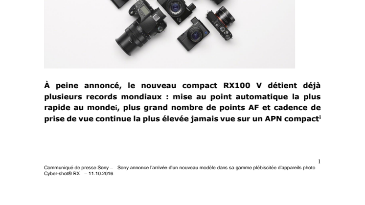Sony annonce l’arrivée d’un nouveau modèle d’appareils photo Cyber-shot® RX