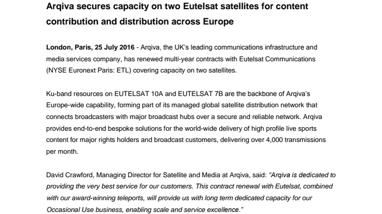 Arqiva secures capacity on two Eutelsat satellites for content contribution and distribution across Europe