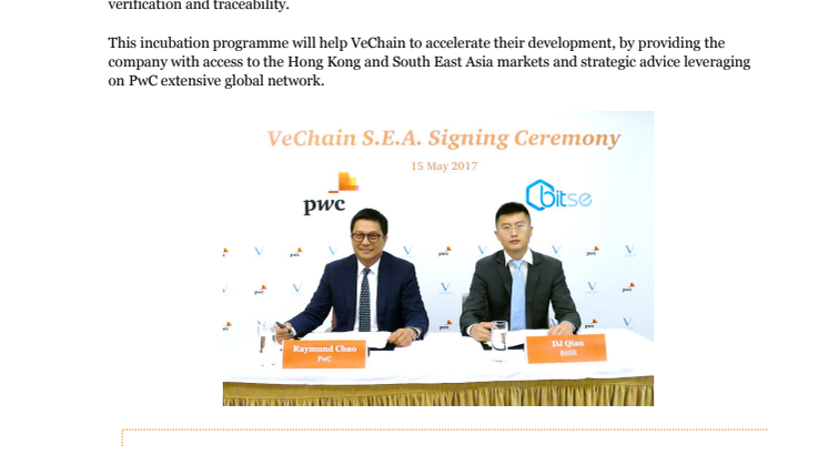 VeChain S.E.A. becomes a portfolio company of PwC’s incubation programme to accelerate the application of Blockchain in Hong Kong and South East Asia markets 