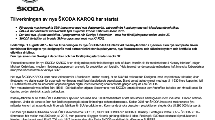 Tillverkningen av nya ŠKODA KAROQ har startat