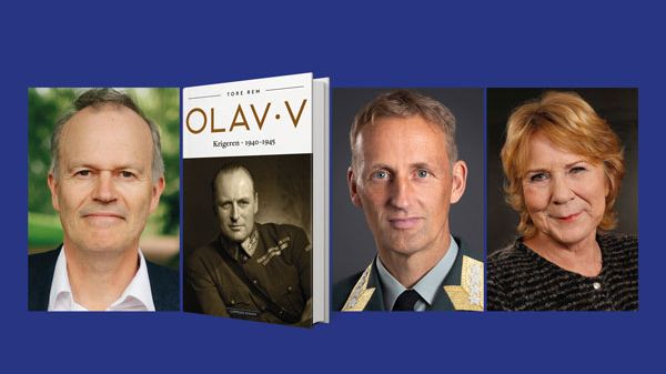 Tore Rem og Eirik J. Kristoffersen i samtale med Anne Grosvold om krigen og Olav Vs rolle i den.