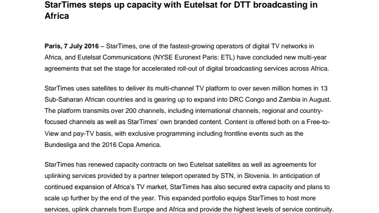 StarTimes steps up capacity with Eutelsat for DTT broadcasting in Africa