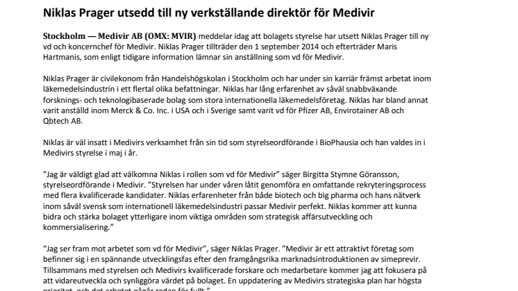 Niklas Prager utsedd till ny verkställande direktör för Medivir