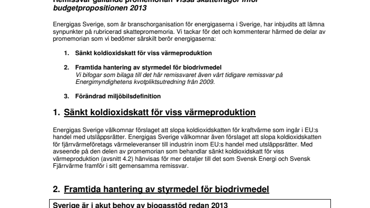 Energigas Sveriges remissvar på skattepromemorian inför budgetpropositionen 2013