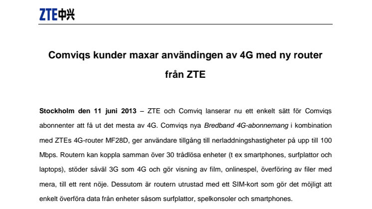 Comviqs kunder maxar användingen av 4G med ny router från ZTE