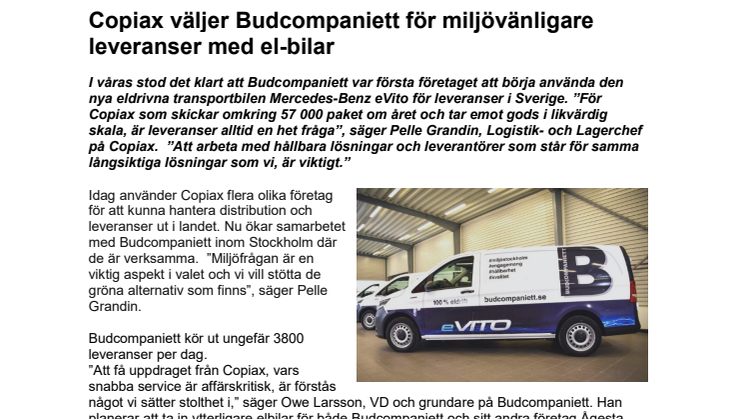 Copiax väljer Budcompaniett för miljövänligare leveranser med el-bilar