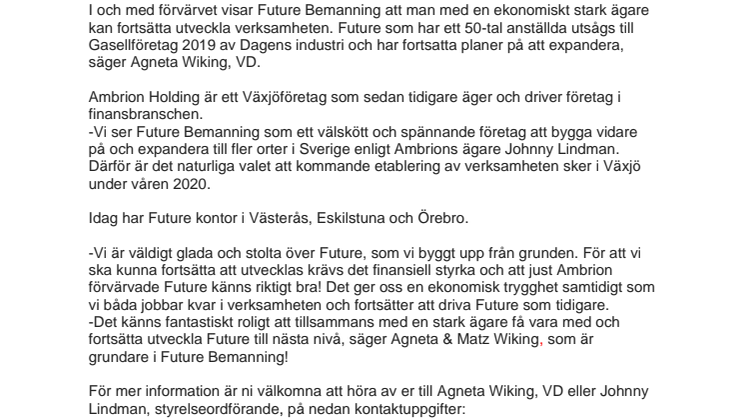 Ambrion Holding AB har förvärvat Future Bemanning Sverige AB