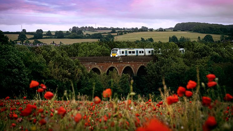 A Thameslink train takes the scenic route over Eynsford Viaduct