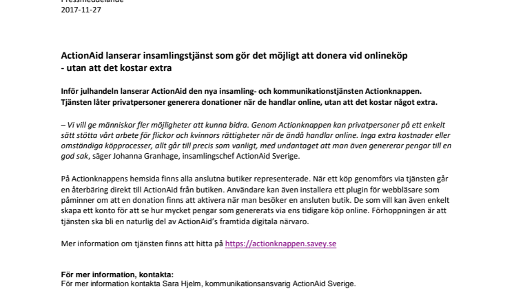 ActionAid lanserar insamlingstjänst som gör det möjligt att donera vid onlineköp  - utan att det kostar extra