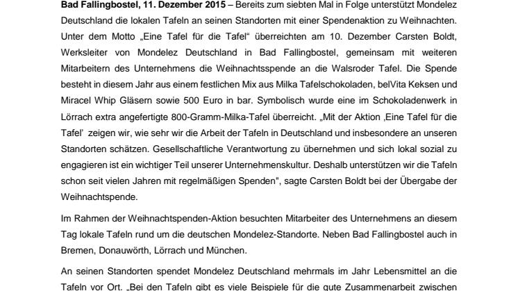 „Eine Tafel für die Tafel“ – Mondelez Deutschland überreicht Weihnachtsspende an Walsroder Tafel