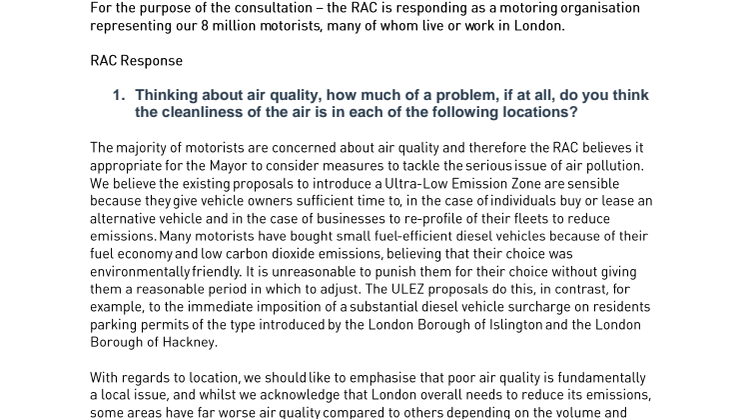 RAC response to the Mayor of London's proposals to improve air quality