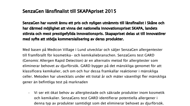 SenzaGen länsfinalist till SKAPApriset 2015