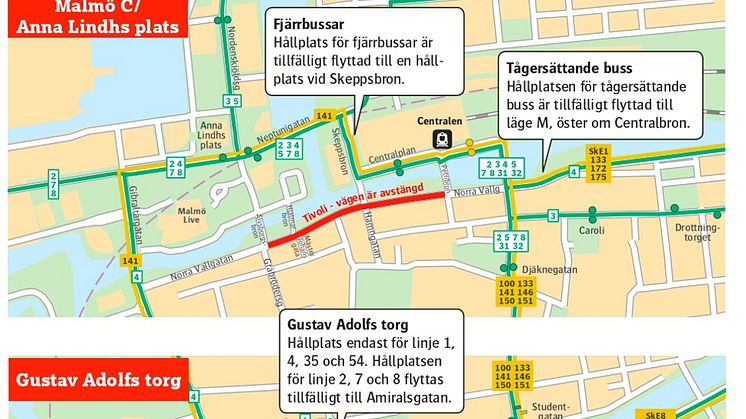 Nya, tillfälliga hållplatslägen för bussar under Malmöfestivalen