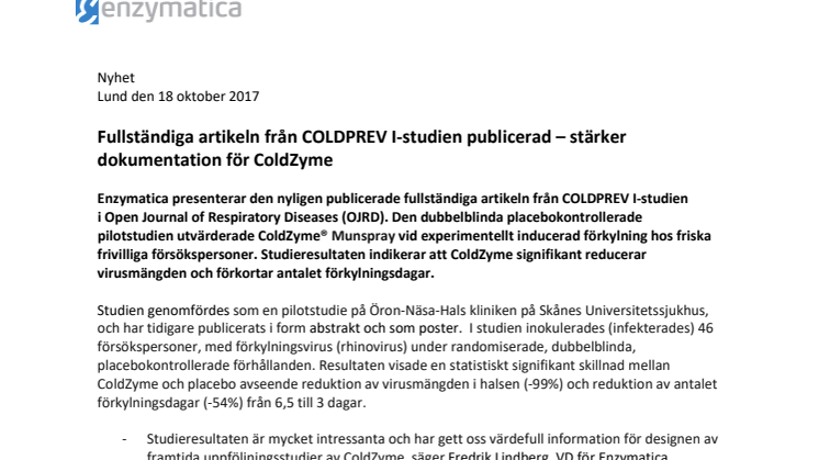 Fullständiga artikeln från COLDPREV I-studien publicerad – stärker dokumentation för ColdZyme
