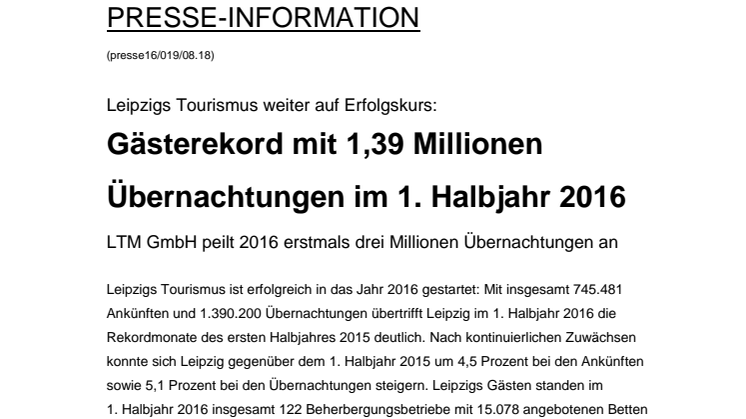 Leipzigs Tourismus weiter auf Erfolgskurs: Gästerekord mit 1,39 Millionen Übernachtungen im 1. Halbjahr 2016
