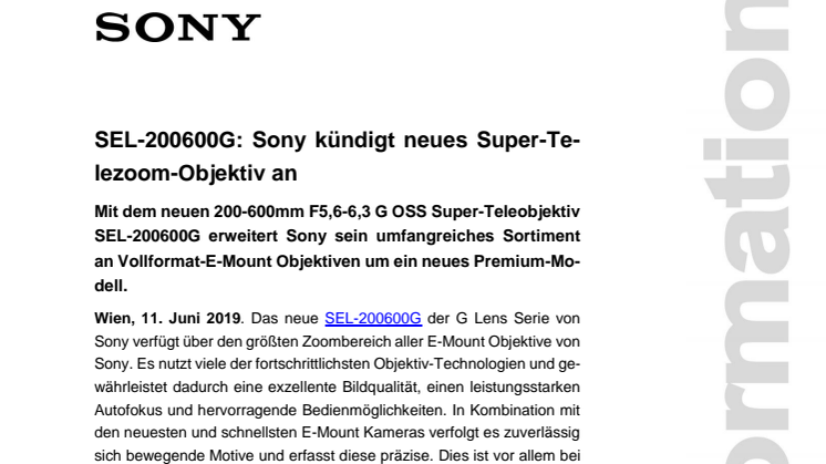 SEL-200600G: Sony kündigt neues Super-Telezoom-Objektiv an 