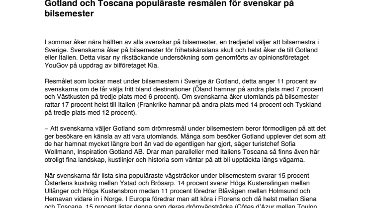 Gotland och Toscana populäraste resmålen för svenskar på bilsemester 