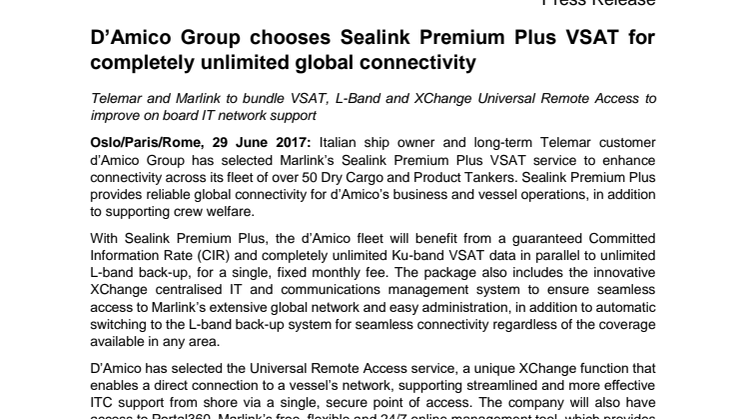 Marlink: D’Amico Group chooses Sealink Premium Plus VSAT for completely unlimited global connectivity