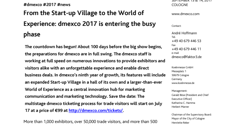 From the Start-up Village to the World of Experience: dmexco 2017 is entering the busy phase