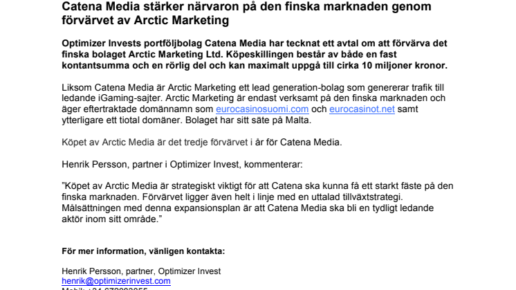 Catena Media stärker närvaron på den finska marknaden genom förvärvet av Arctic Marketing 