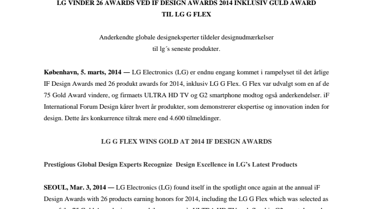 LG VINDER 26 AWARDS VED IF DESIGN AWARDS 2014 INKLUSIV GULD AWARD  TIL LG G FLEX