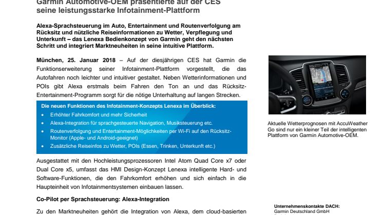 Garmin Automotive-OEM präsentierte auf der CES seine leistungsstarke Infotainment-Plattform