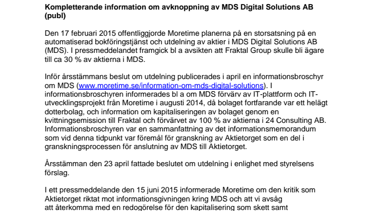 Kompletterande information om avknoppning av MDS Digital Solutions AB (publ)