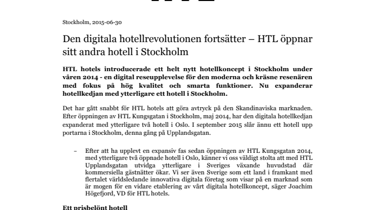 Den digitala hotellrevolutionen fortsätter – HTL öppnar sitt andra hotell i Stockholm 