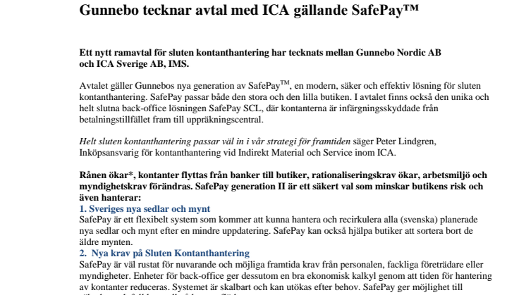Gunnebo tecknar avtal med ICA gällande SafePay™