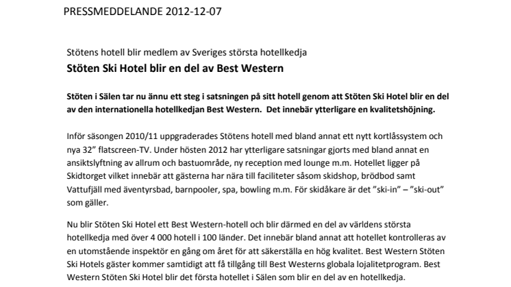 Stöten Ski Hotel blir Best Western