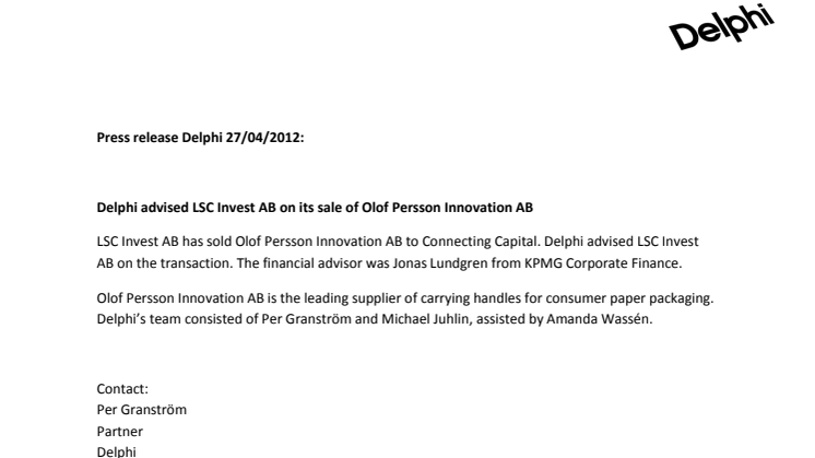 Delphi advised LSC Invest AB on its sale of Olof Persson Innovation AB