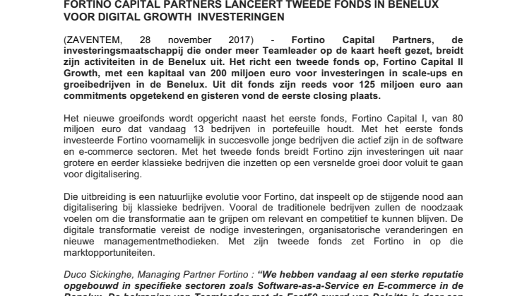 Fortino Capital Partners lanceert tweede fonds in Benelux voor digital growth investeringen