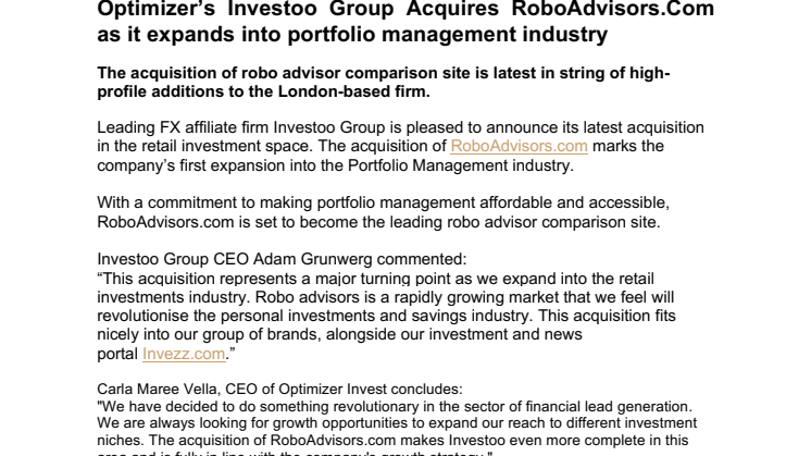 Optimizer’s Investoo Group Acquires RoboAdvisors.Com as it expands into portfolio management industry