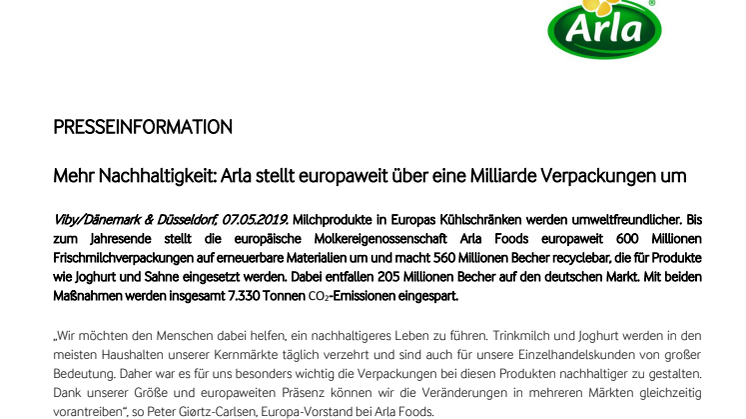 Mehr Nachhaltigkeit: Arla stellt europaweit über eine Milliarde Verpackungen um