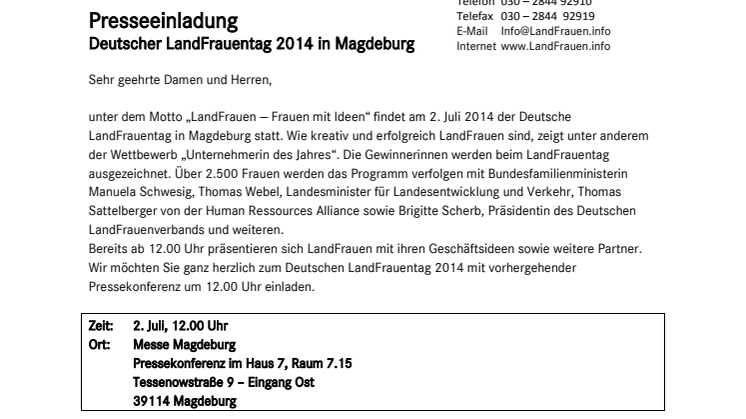 Presseeinladung - Deutscher LandFrauentag 2014 in Magdeburg