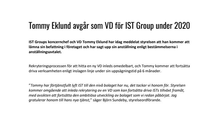 Tommy Eklund avgår som VD för IST Group under 2020 