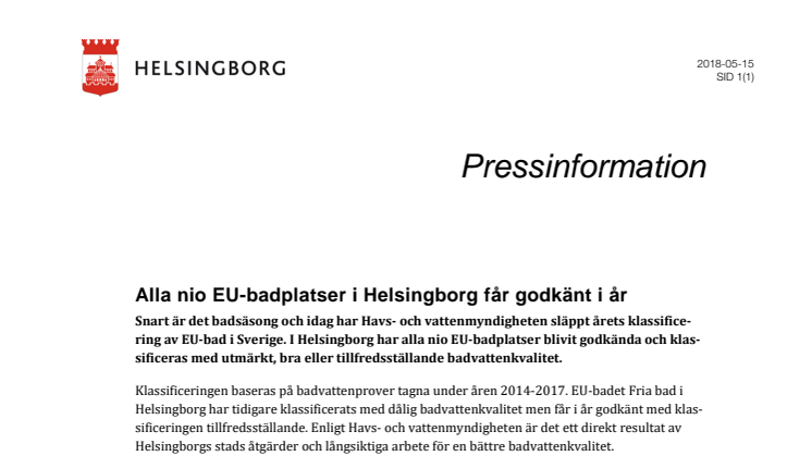 ​Alla nio EU-badplatser i Helsingborg får godkänt i år