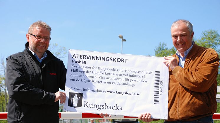 I maj 2008 infördes återvinningskorten i Kungsbacka (tv representant för entreprenör, th dåvarande renhållningschefen Alf Persson.)