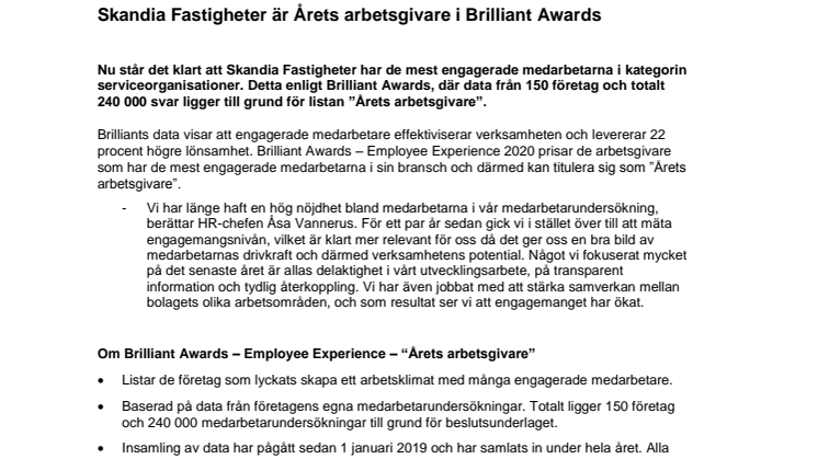 Skandia Fastigheter är Årets arbetsgivare i Brilliant Awards