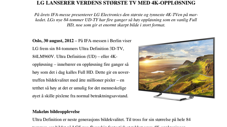 IFA 2012: LG LANSERER VERDENS STØRSTE TV MED 4K-OPPLØSNING