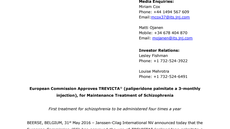 European Commission Approves TREVICTA® (paliperidone palmitate a 3-monthly injection), for Maintenance Treatment of Schizophrenia