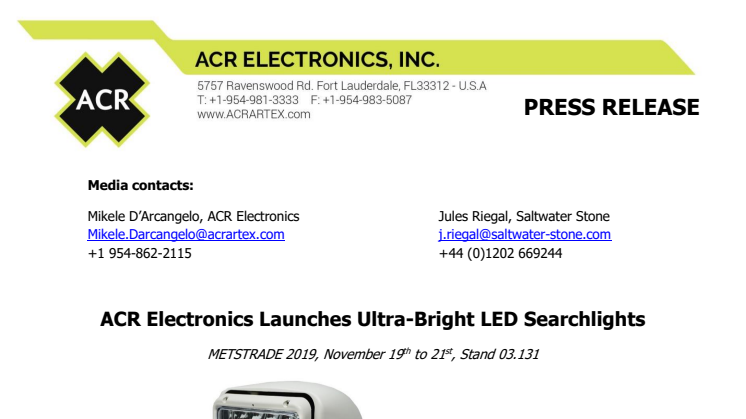ACR Electronics Launches Ultra-Bright LED Searchlights