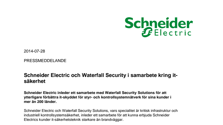 Schneider Electric och Waterfall Security i samarbete kring it-säkerhet