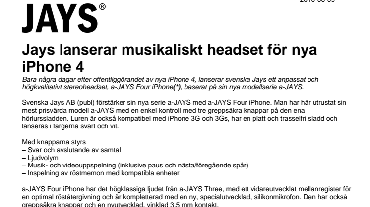 Jays lanserar musikaliskt headset för nya iPhone 4
